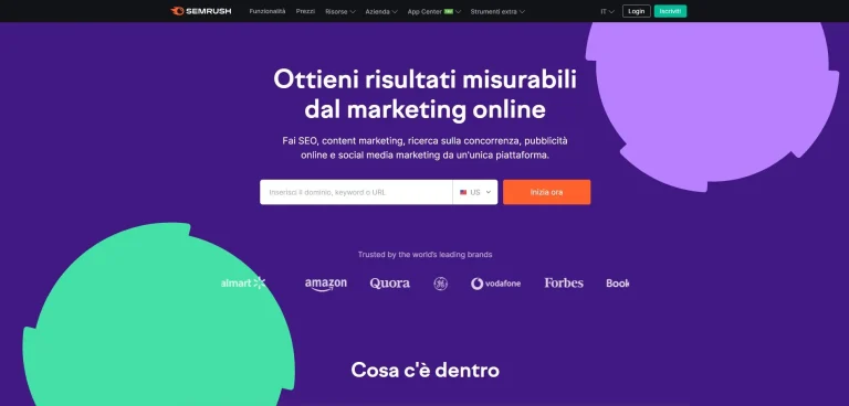 Ottimizza la tua strategia di marketing online con SEMRUSH: la piattaforma completa per SEO, SEM, PPC, analisi delle parole chiave, social media marketing e tanto altro. Scopri come migliorare il tuo ranking sui motori di ricerca e raggiungere i tuoi obiettivi di marketing digitale con SEMRUSH.