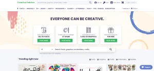 L'immagine in evidenza mostra la home page accattivante e colorata del sito Creative Fabrica, con una selezione di risorse grafiche e tipografiche di alta qualità pronte a stimolare la tua creatività.